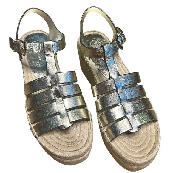 Tory Burch Espadrille Wedge Sandals Spark Gold Metallic Leather New Size 5.5 - Picture 8 of 16